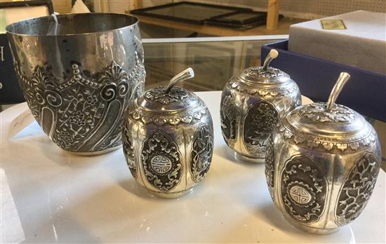 Chinese silver beaker and 3 x Chinese plated condiment pots